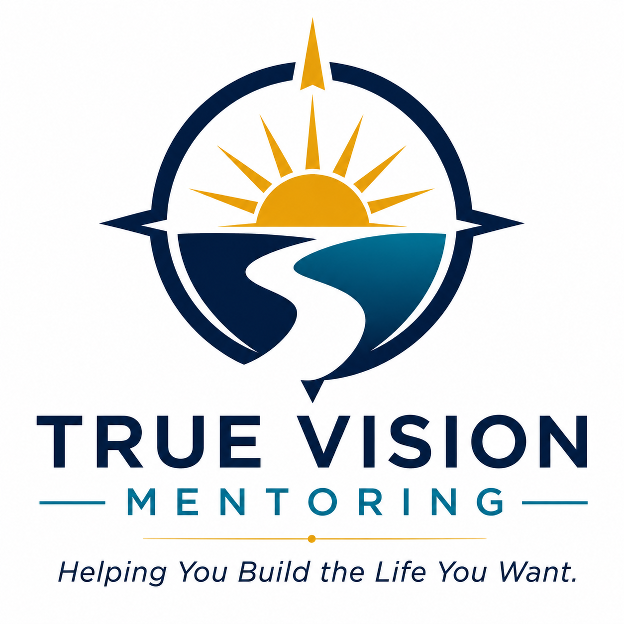 True Vision Mentoring logo — compass with a rising sun and winding path, representing guidance and direction toward a brighter future